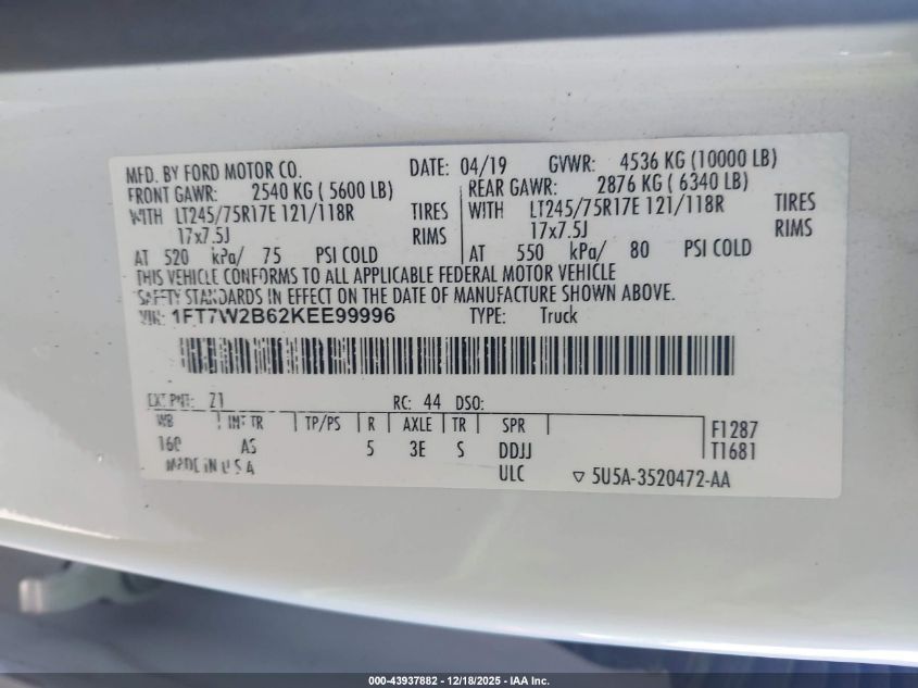 2019 Ford F-250 Xl VIN: 1FT7W2B62KEE99996 Lot: 43937882