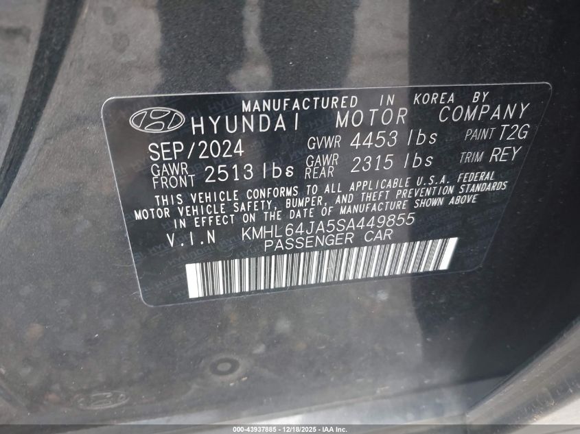 2025 Hyundai Sonata Sel VIN: KMHL64JA5SA449855 Lot: 43937885