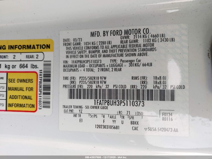 2023 Ford Mustang Ecoboost Premium VIN: 1FATP8UH3P5110373 Lot: 43937888