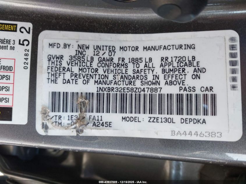 2008 Toyota Corolla Ce VIN: 1NXBR32E58Z047887 Lot: 43937889