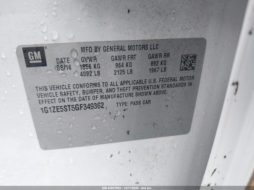 2016 Chevrolet Malibu 1Lt VIN: 1G1ZE5ST5GF349362 Lot: 43937893