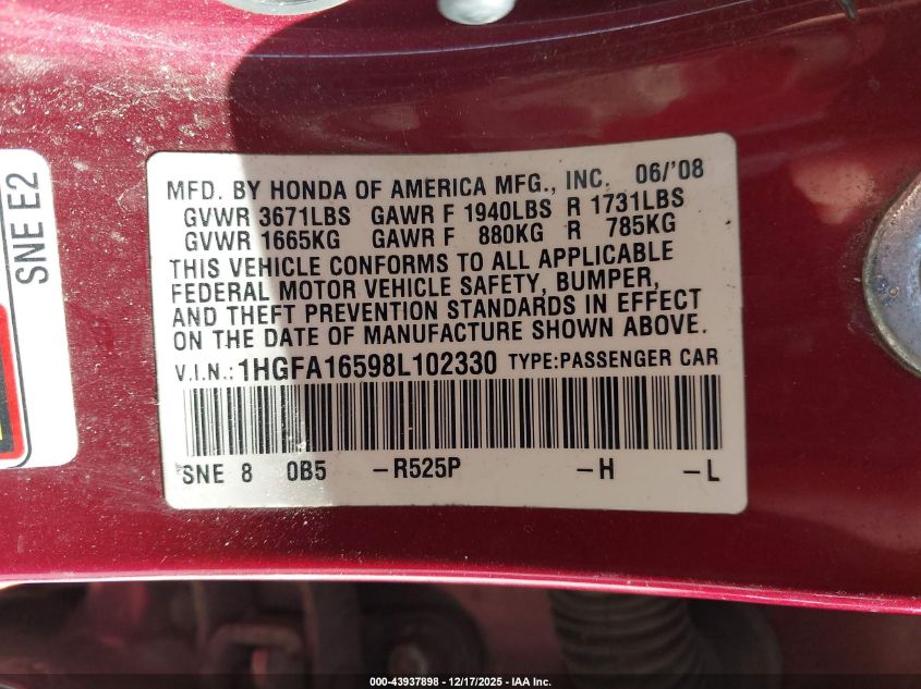 2008 Honda Civic Lx VIN: 1HGFA16598L102330 Lot: 43937898