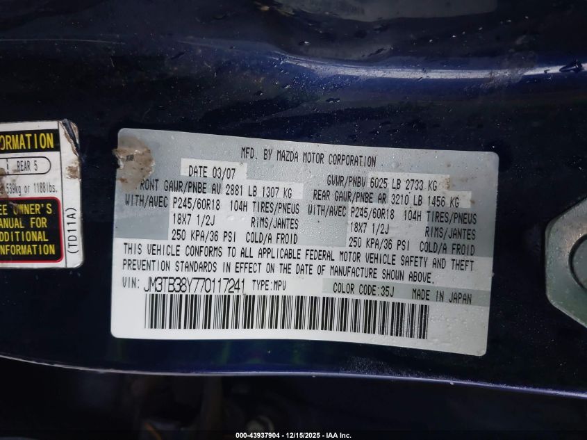 2007 Mazda Cx-9 Sport VIN: JM3TB38Y770117241 Lot: 43937904