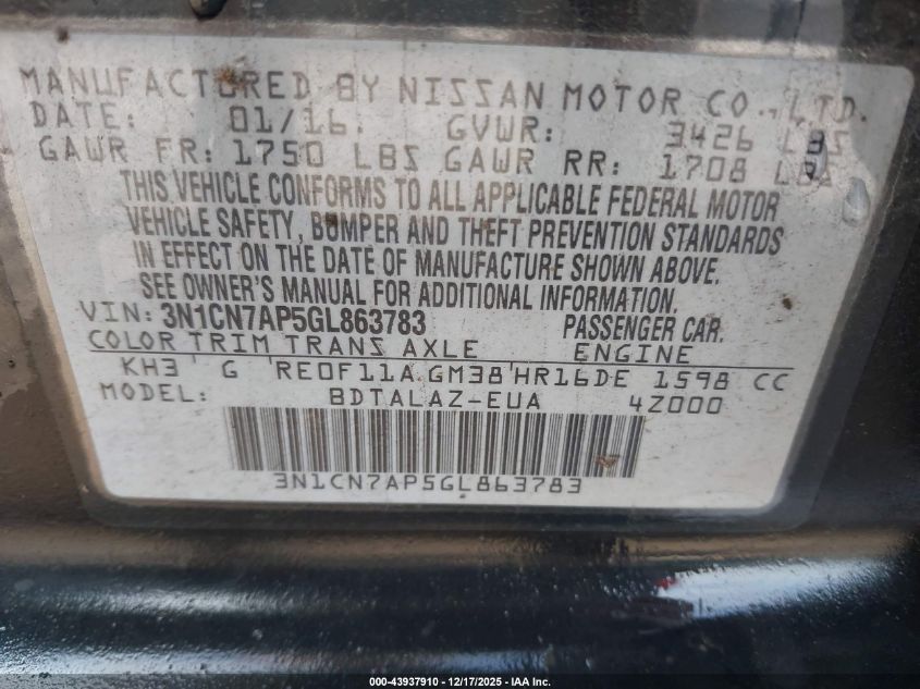 2016 Nissan Versa 1.6 S+ VIN: 3N1CN7AP5GL863783 Lot: 43937910