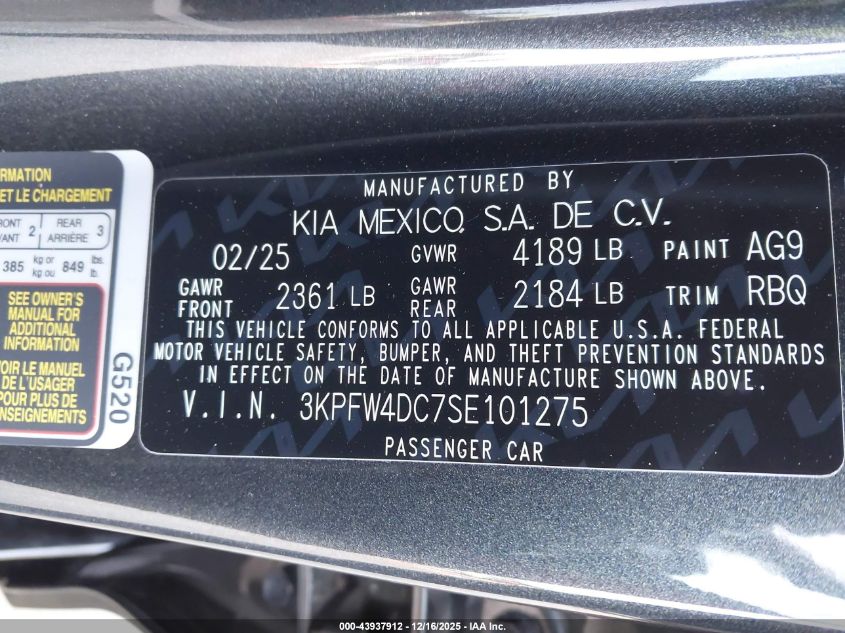 2025 Kia K4 Gt-Line Turbo VIN: 3KPFW4DC7SE101275 Lot: 43937912