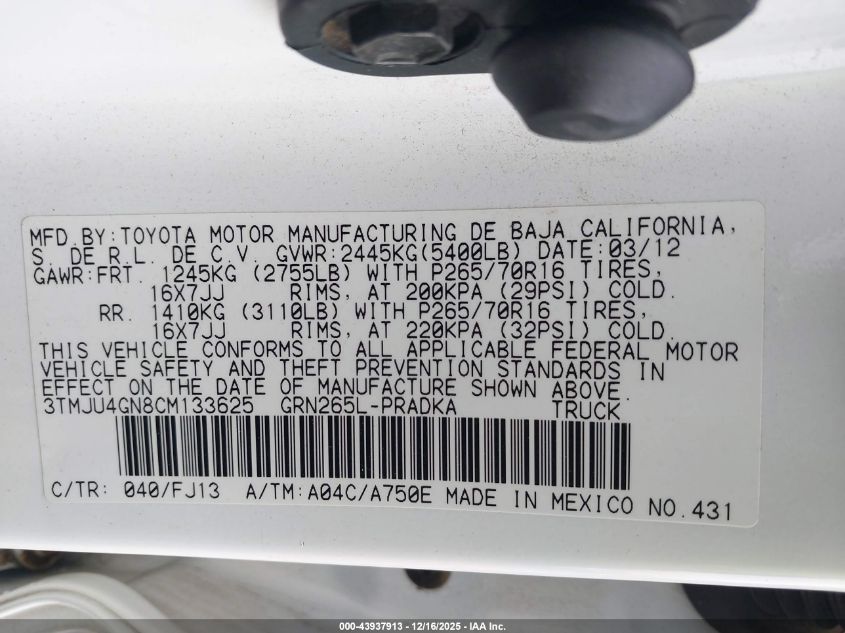 2012 Toyota Tacoma Prerunner V6 VIN: 3TMJU4GN8CM133625 Lot: 43937913