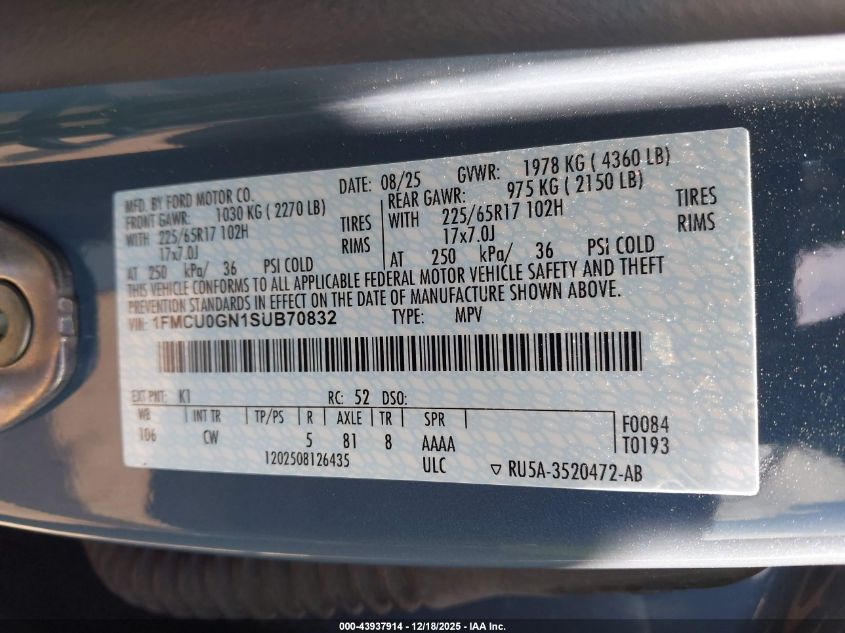 2025 Ford Escape Active VIN: 1FMCU0GN1SUB70832 Lot: 43937914