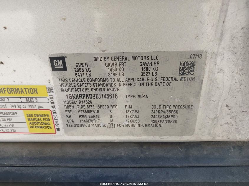 2014 GMC Acadia Sle-2 VIN: 1GKKRPKD9EJ145616 Lot: 43937915