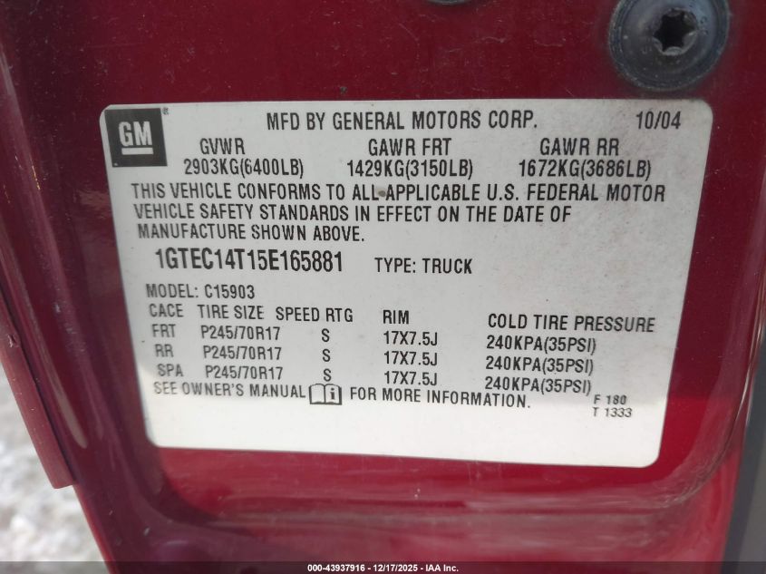 2005 GMC Sierra 1500 Sle VIN: 1GTEC14T15E165881 Lot: 43937916