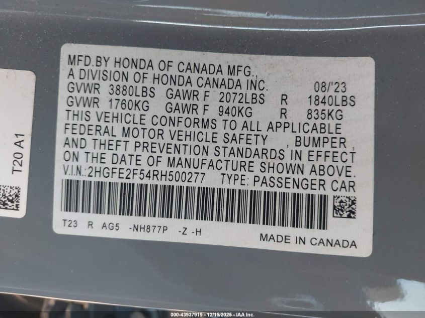 2024 Honda Civic Sport VIN: 2HGFE2F54RH500277 Lot: 43937919