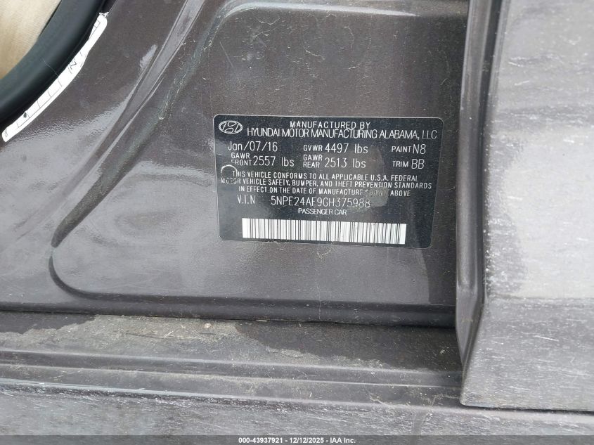 2016 Hyundai Sonata Se VIN: 5NPE24AF9GH375988 Lot: 43937921