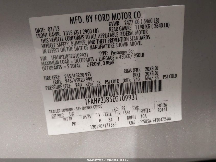 2014 Ford Taurus Limited VIN: 1FAHP2J85EG109931 Lot: 43937922