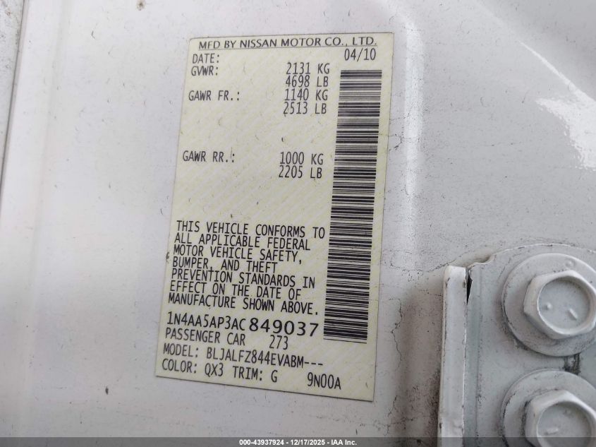 2010 Nissan Maxima 3.5 Sv VIN: 1N4AA5AP3AC849037 Lot: 43937924