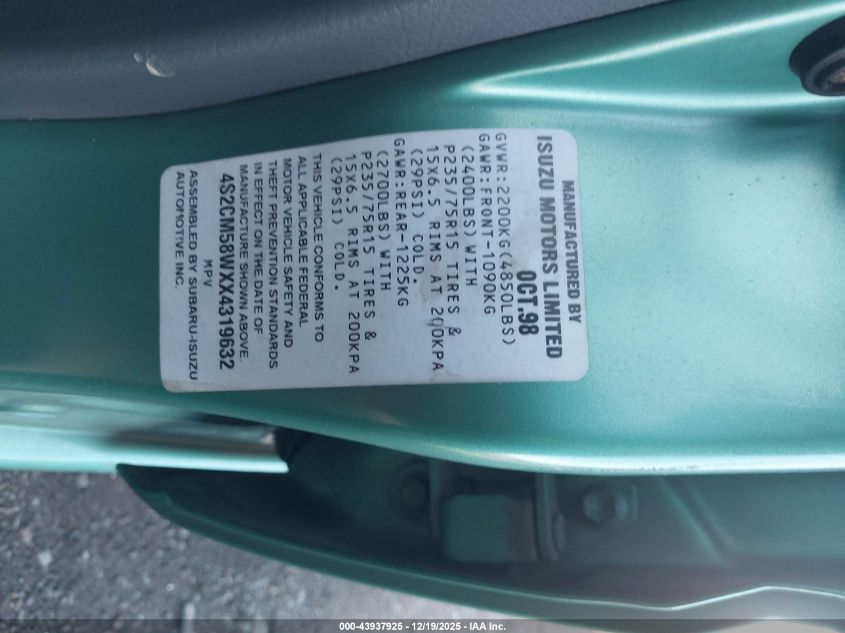 1999 Isuzu Rodeo Ls/Lse/S VIN: 4S2CM58WXX4319632 Lot: 43937925