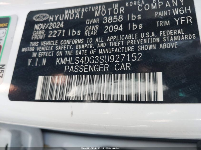2025 Hyundai Elantra Sel Convenience VIN: KMHLS4DG3SU927152 Lot: 43937926