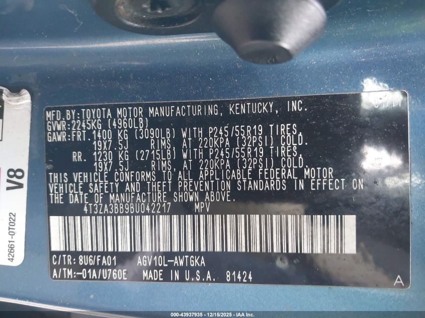 2011 Toyota Venza VIN: 4T3ZA3BB9BU042217 Lot: 43937935