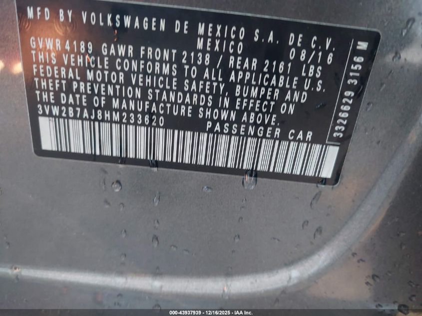 2017 Volkswagen Jetta 1.4T S VIN: 3VW2B7AJ8HM233620 Lot: 43937939