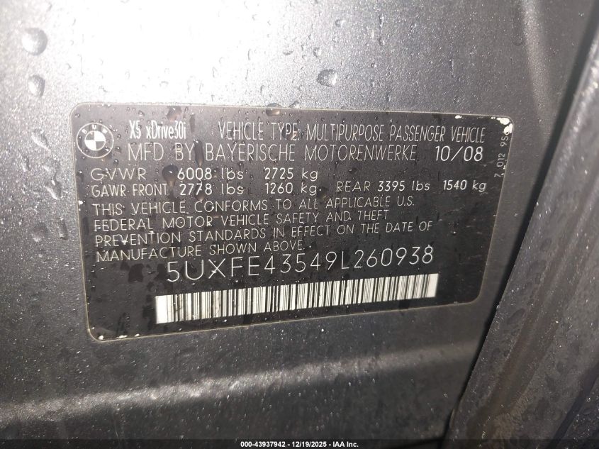2009 BMW X5 xDrive30I VIN: 5UXFE43549L260938 Lot: 43937942