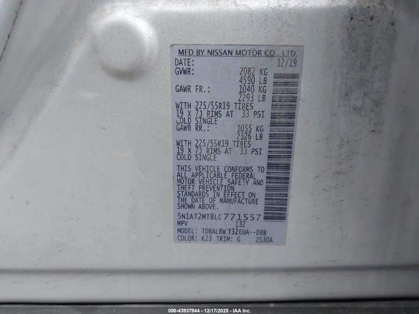 2020 Nissan Rogue Sl Fwd VIN: 5N1AT2MT8LC771557 Lot: 43937944