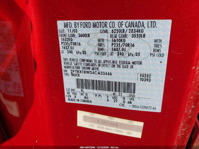 2004 Ford F-150 Heritage Xl/Xlt VIN: 2FTRX18W54CA33446 Lot: 43937946