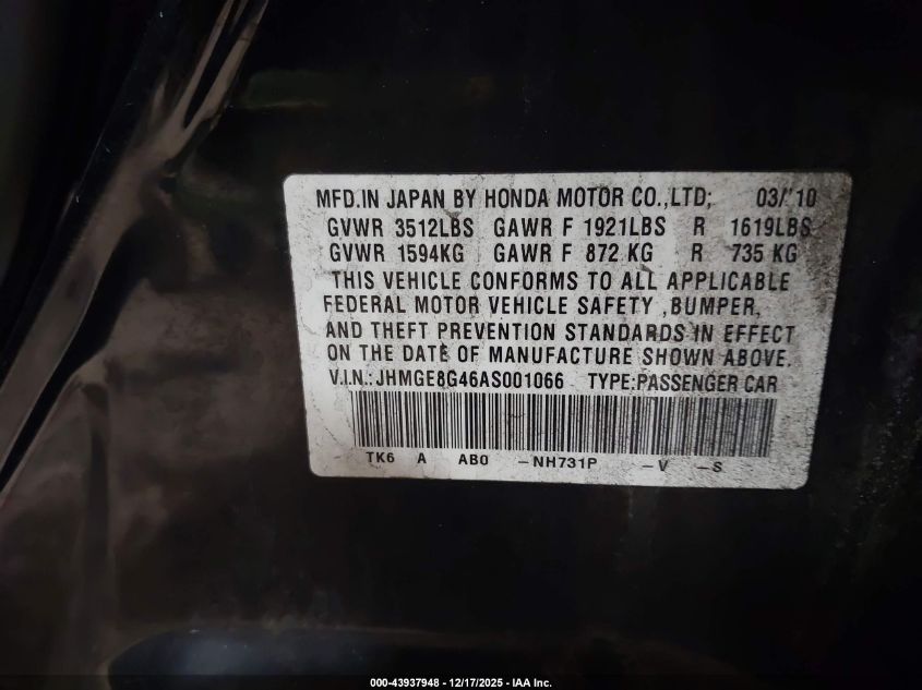 2010 Honda Fit Sport VIN: JHMGE8G46AS001066 Lot: 43937948