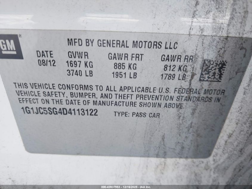 2013 Chevrolet Sonic Lt Auto VIN: 1G1JC5SG4D4113122 Lot: 43937953