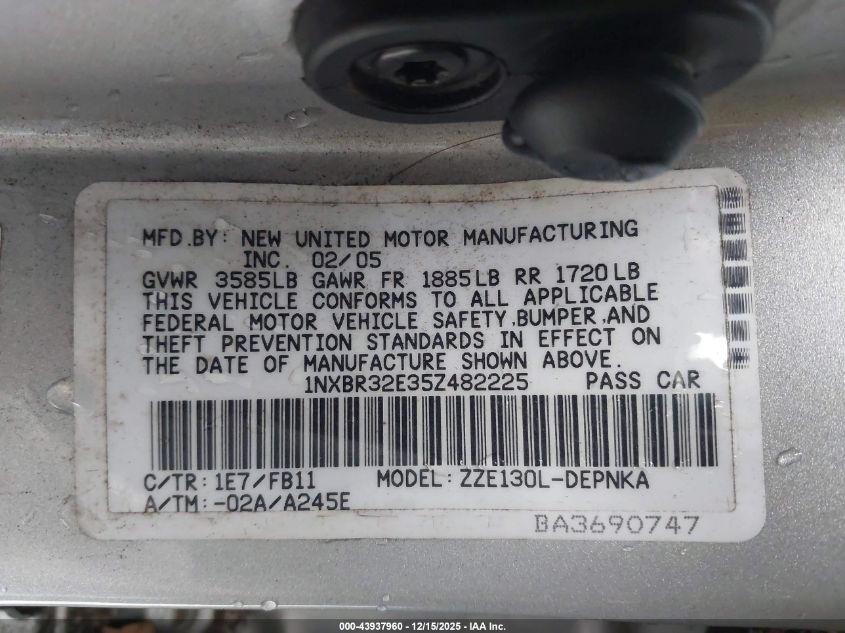 2005 Toyota Corolla Le VIN: 1NXBR32E35Z482225 Lot: 43937960