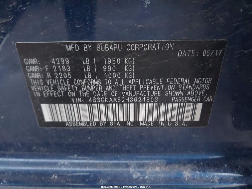 2017 Subaru Impreza 2.0I VIN: 4S3GKAA62H3621803 Lot: 43937962