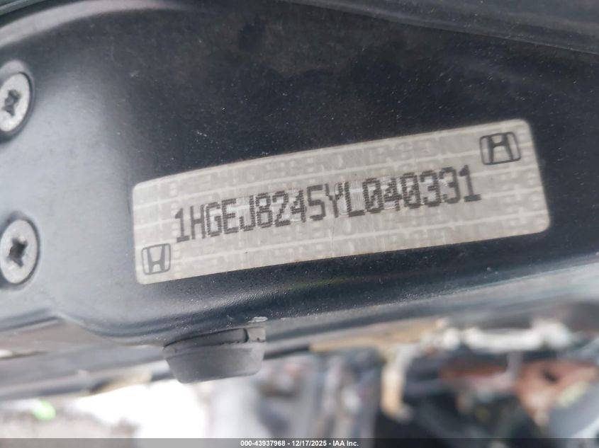 2000 Honda Civic Ex VIN: 1HGEJ8245YL040331 Lot: 43937968