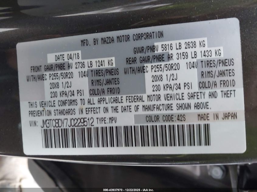 2018 Mazda Cx-9 Grand Touring VIN: JM3TCBDY7J0229512 Lot: 43937970