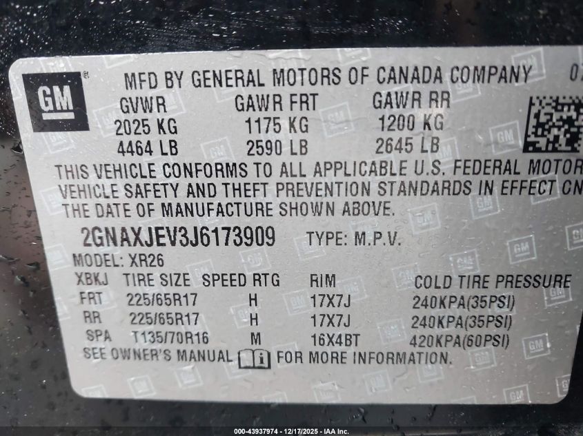 2018 Chevrolet Equinox Lt VIN: 2GNAXJEV3J6173909 Lot: 43937974