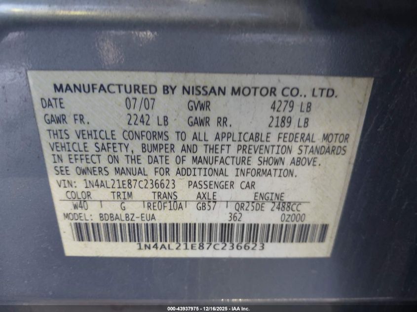 2007 Nissan Altima 2.5/2.5S VIN: 1N4AL21E87C236623 Lot: 43937975