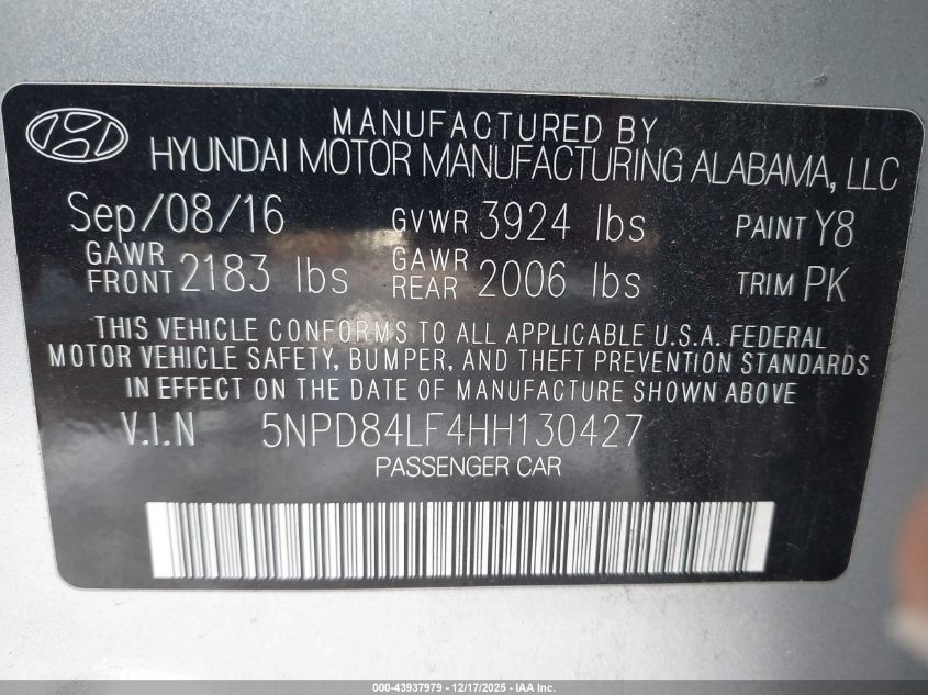 2017 Hyundai Elantra Se VIN: 5NPD84LF4HH130427 Lot: 43937979