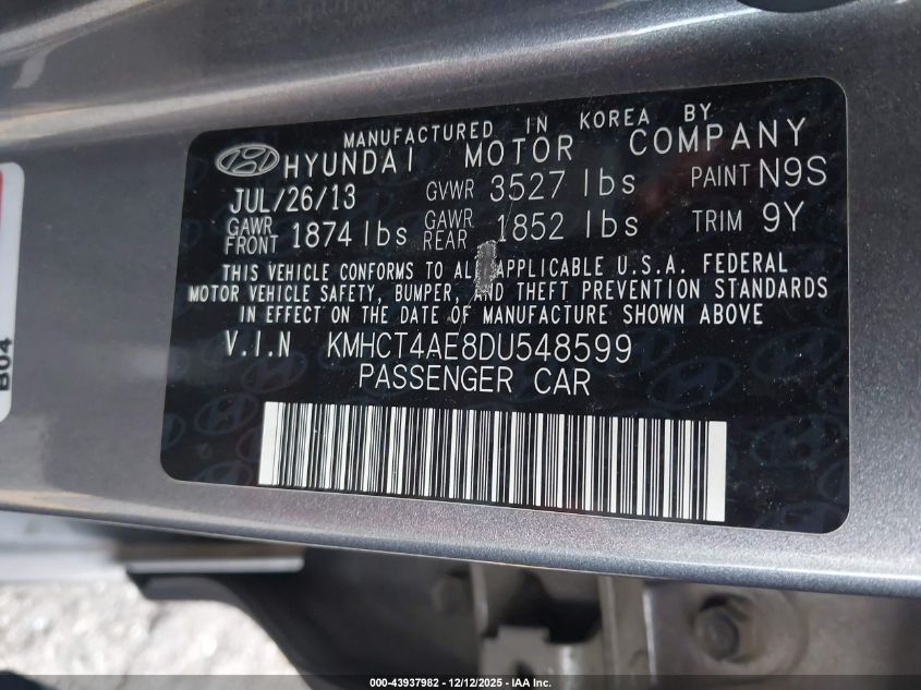 2013 Hyundai Accent Gls VIN: KMHCT4AE8DU548599 Lot: 43937982