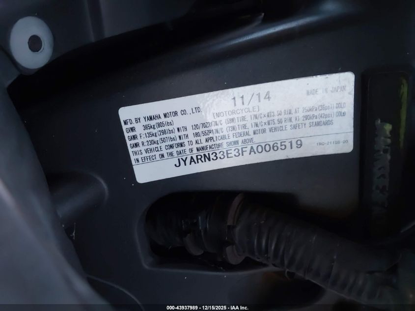 2015 Yamaha Fz09 VIN: JYARN33E3FA006519 Lot: 43937989