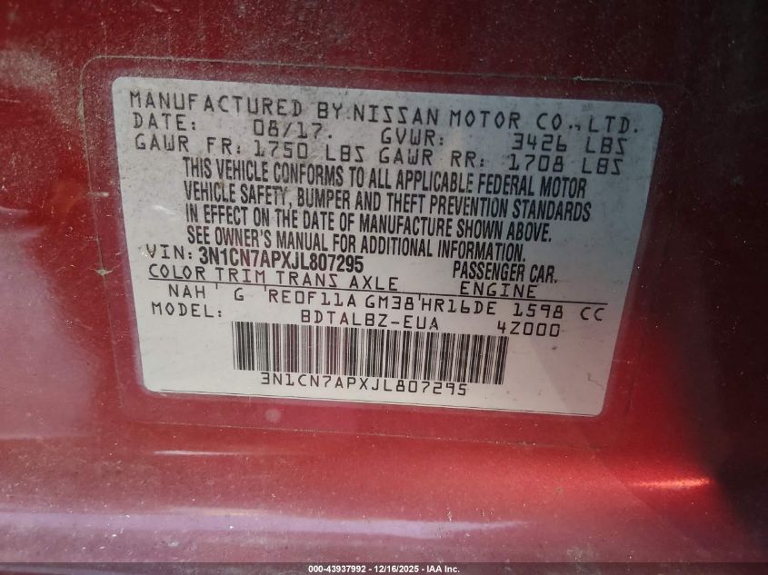 2018 Nissan Versa 1.6 Sv VIN: 3N1CN7APXJL807295 Lot: 43937992