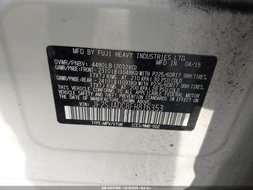 2015 Subaru Forester 2.5I Premium VIN: JF2SJADC8FH816353 Lot: 43937995