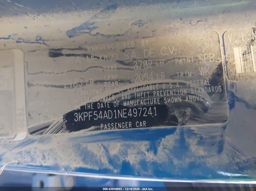 2022 Kia Forte Gt-Line VIN: 3KPF54AD1NE497241 Lot: 43938003
