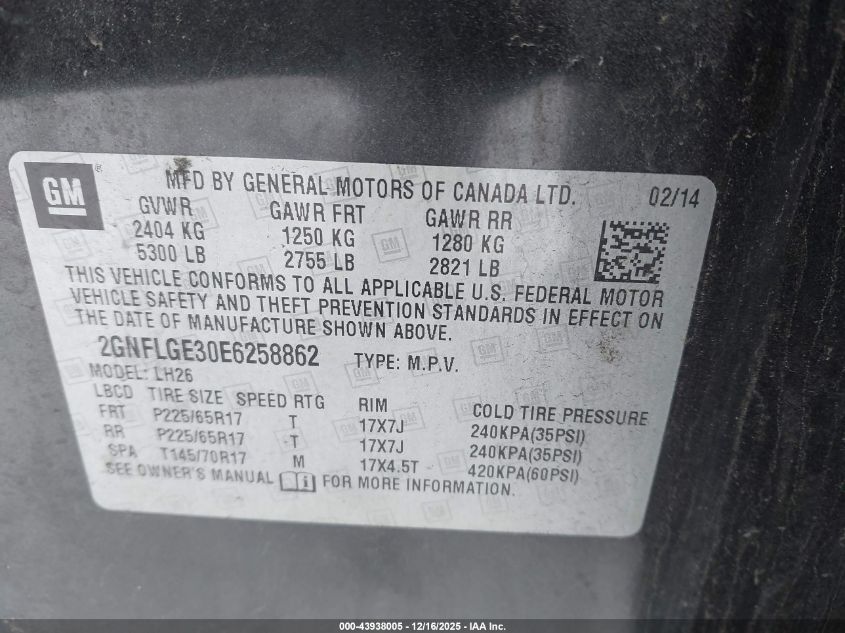 2014 Chevrolet Equinox 2Lt VIN: 2GNFLGE30E6258862 Lot: 43938005