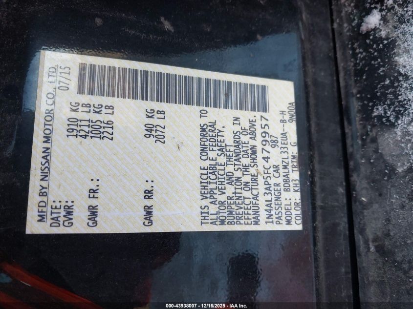 2015 Nissan Altima 2.5 Sv VIN: 1N4AL3AP5FC479957 Lot: 43938007