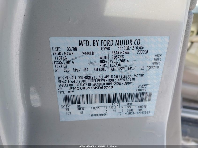 2008 Ford Escape Xlt VIN: 1FMCU93178KD65748 Lot: 43938009