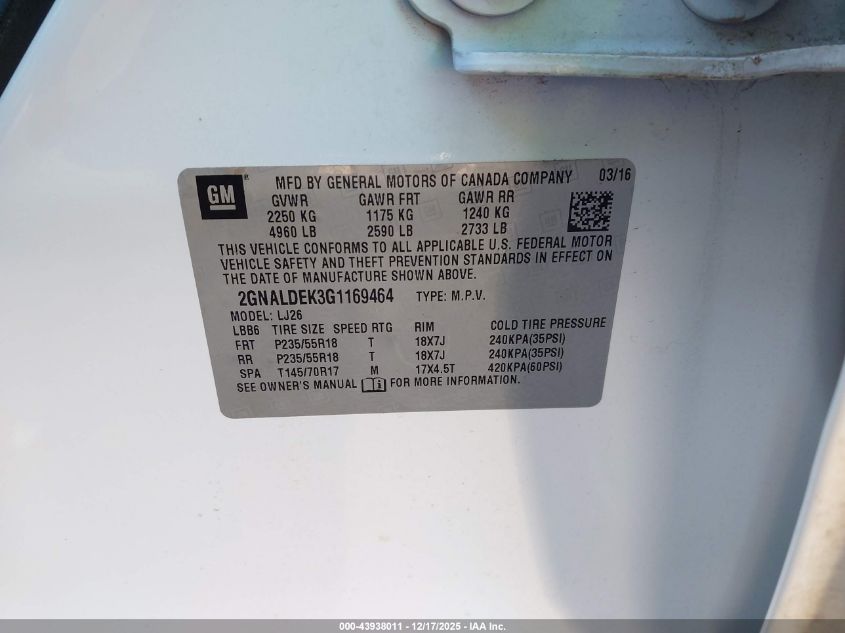 2016 Chevrolet Equinox Ltz VIN: 2GNALDEK3G1169464 Lot: 43938011