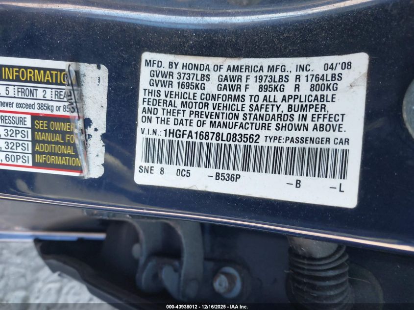 2008 Honda Civic Ex VIN: 1HGFA16878L083562 Lot: 43938012