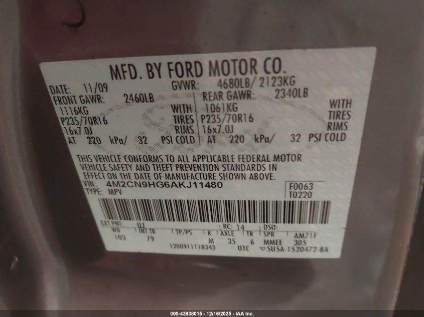 2010 Mercury Mariner Premier VIN: 4M2CN9HG6AKJ11480 Lot: 43938015