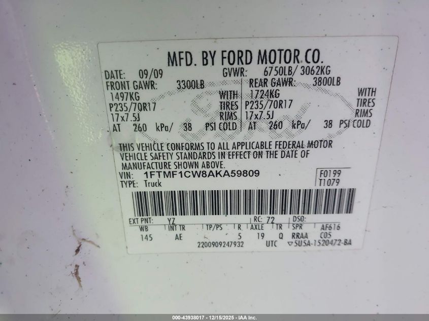 2010 Ford F-150 Stx/Xl/Xlt VIN: 1FTMF1CW8AKA59809 Lot: 43938017