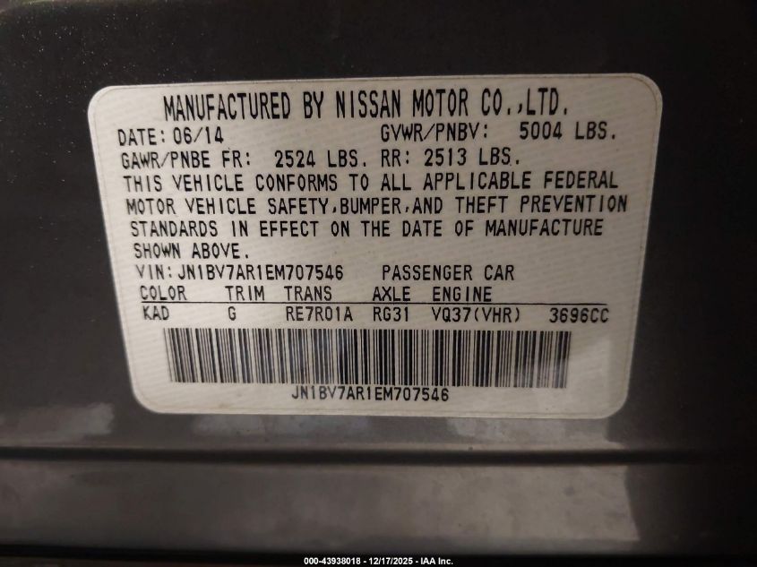 2014 Infiniti Q50 Premium VIN: JN1BV7AR1EM707546 Lot: 43938018