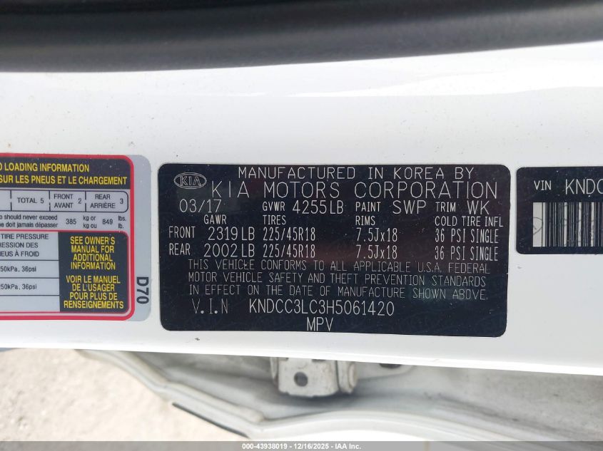 2017 Kia Niro Ex VIN: KNDCC3LC3H5061420 Lot: 43938019