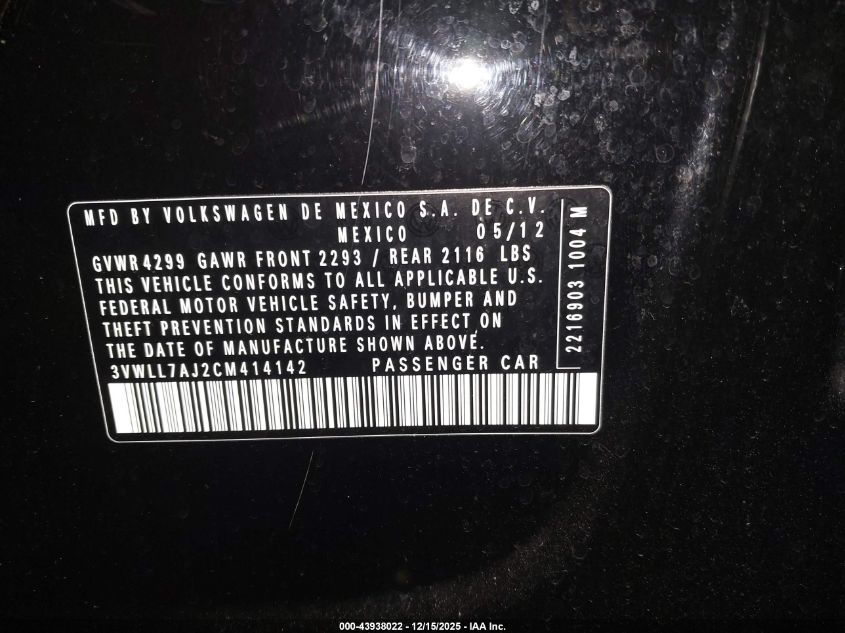 2012 Volkswagen Jetta 2.0L Tdi VIN: 3VWLL7AJ2CM414142 Lot: 43938022