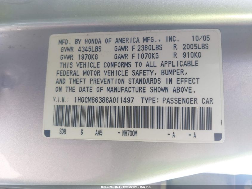 2006 Honda Accord 3.0 Lx VIN: 1HGCM66386A011497 Lot: 43938024