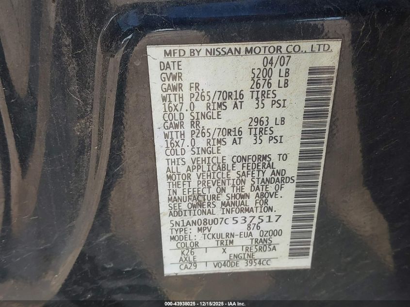 2007 Nissan Xterra S VIN: 5N1AN08U07C537517 Lot: 43938025